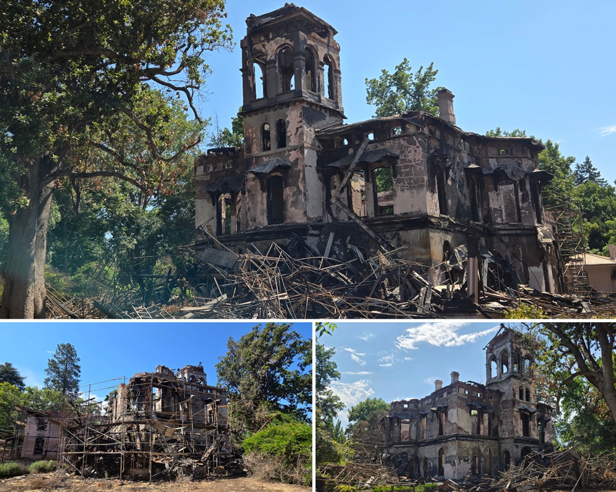 Fire damaged Bidwell Mansion on July 1, 2025.