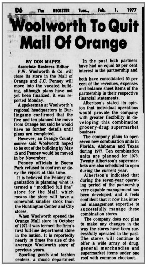 News clipping of announcement of the closure of Woolworth.