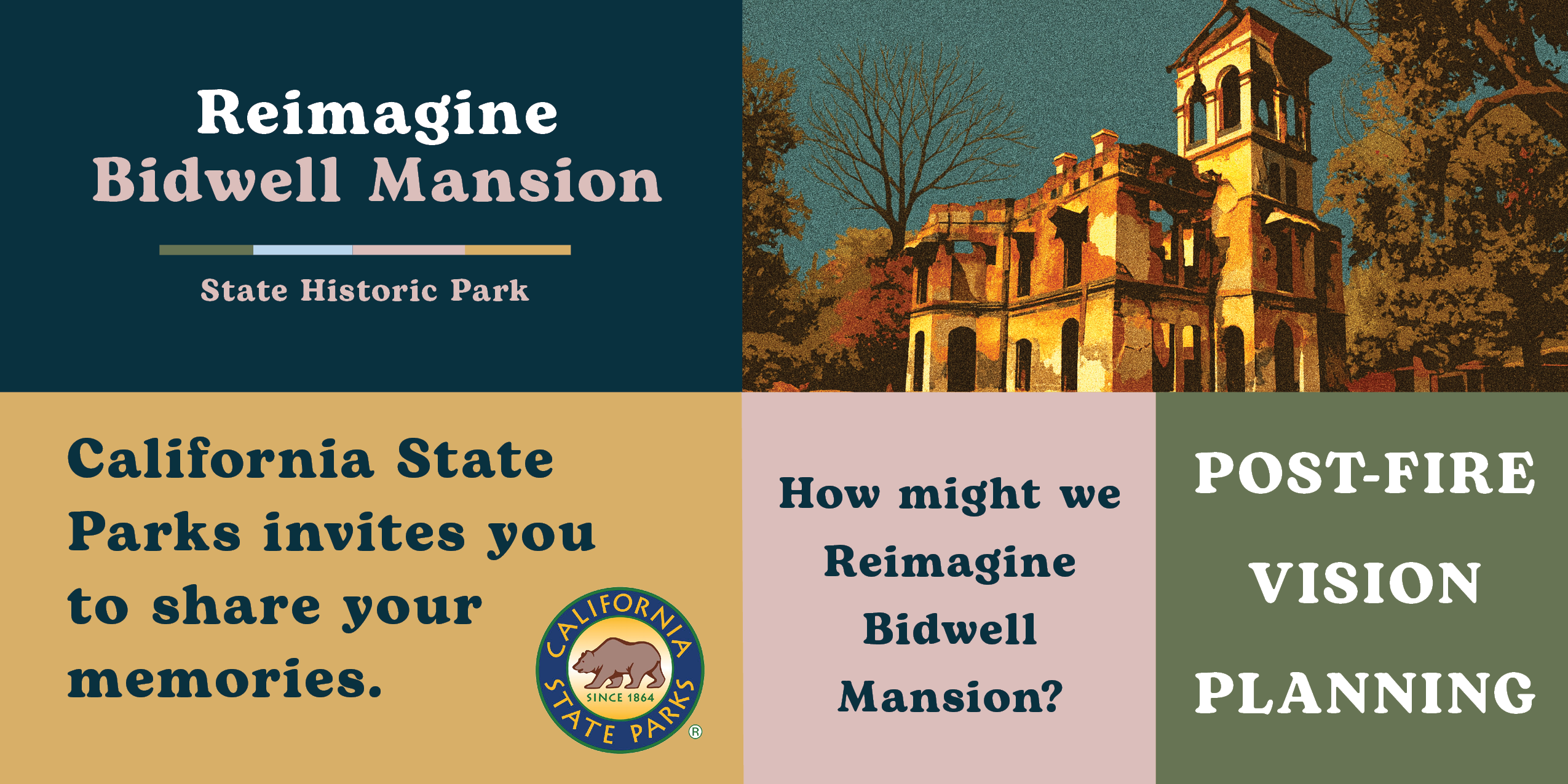 Banner showing the Bidwell Mansion with an invitation to participate in the planning process, including the Memory Sharing tool 